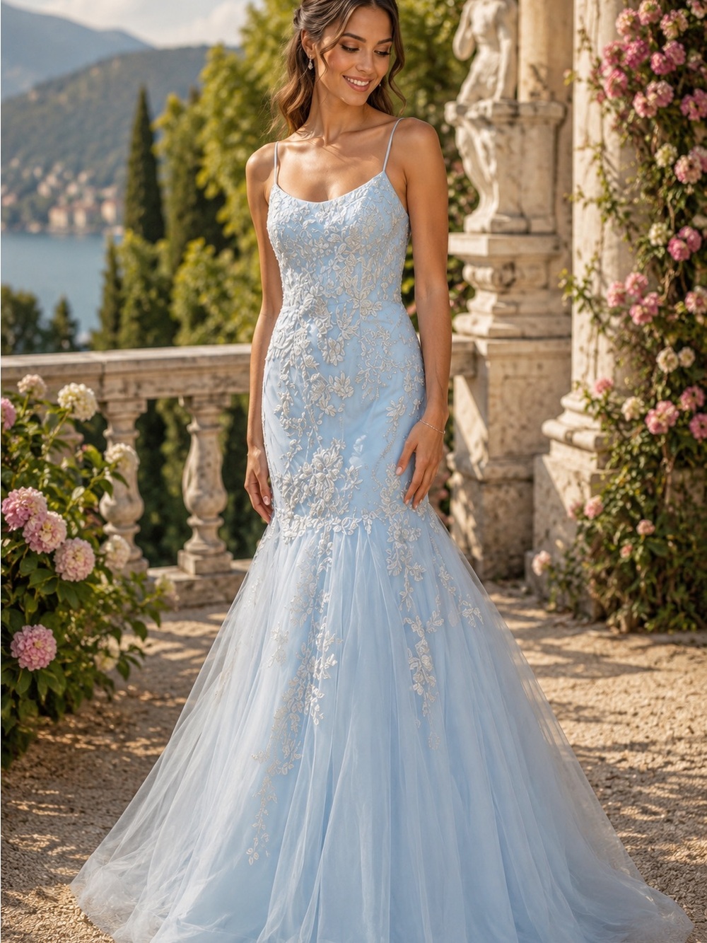 Light Blue Lace Mermaid Prom Dress with Spaghetti Straps